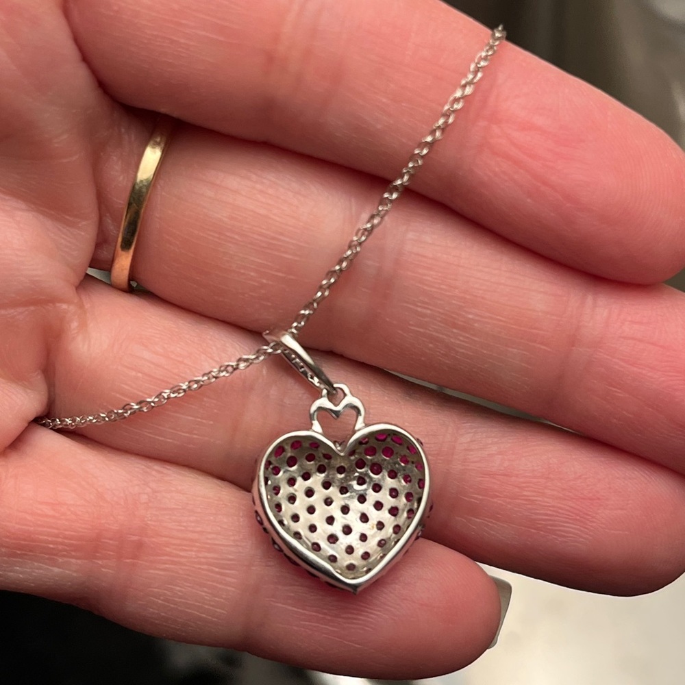 Solid 10K White Gold + Genuine Rubies & Diamonds 3D Heart pendant - Picture 5 of 10
